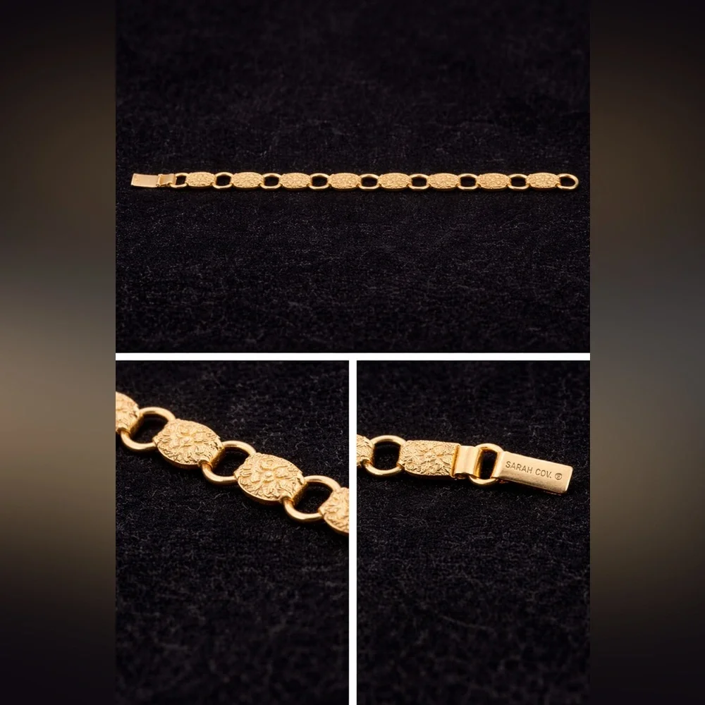 Vintage Sarah Coventry Gold Tone Link Bracelet 7” Signed Floral Textured Links